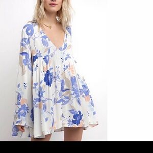 Free People Blue and White V-Neck Bell Sleeve Dress